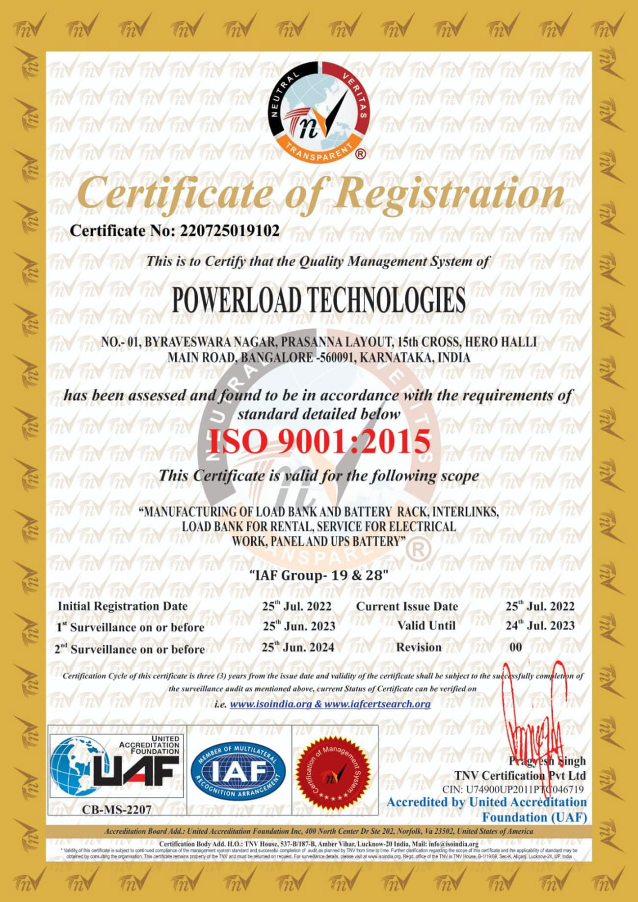 Power Load Technologies ISO Certificate